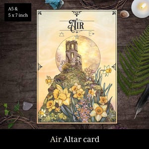 Puede incluir: Una carta de Altar de Aire con una ilustración dibujada a mano de una torre de piedra en una colina con narcisos y una luna llena en el fondo. La carta es beige con un borde marrón y la palabra "AIRE" en una fuente decorativa.
