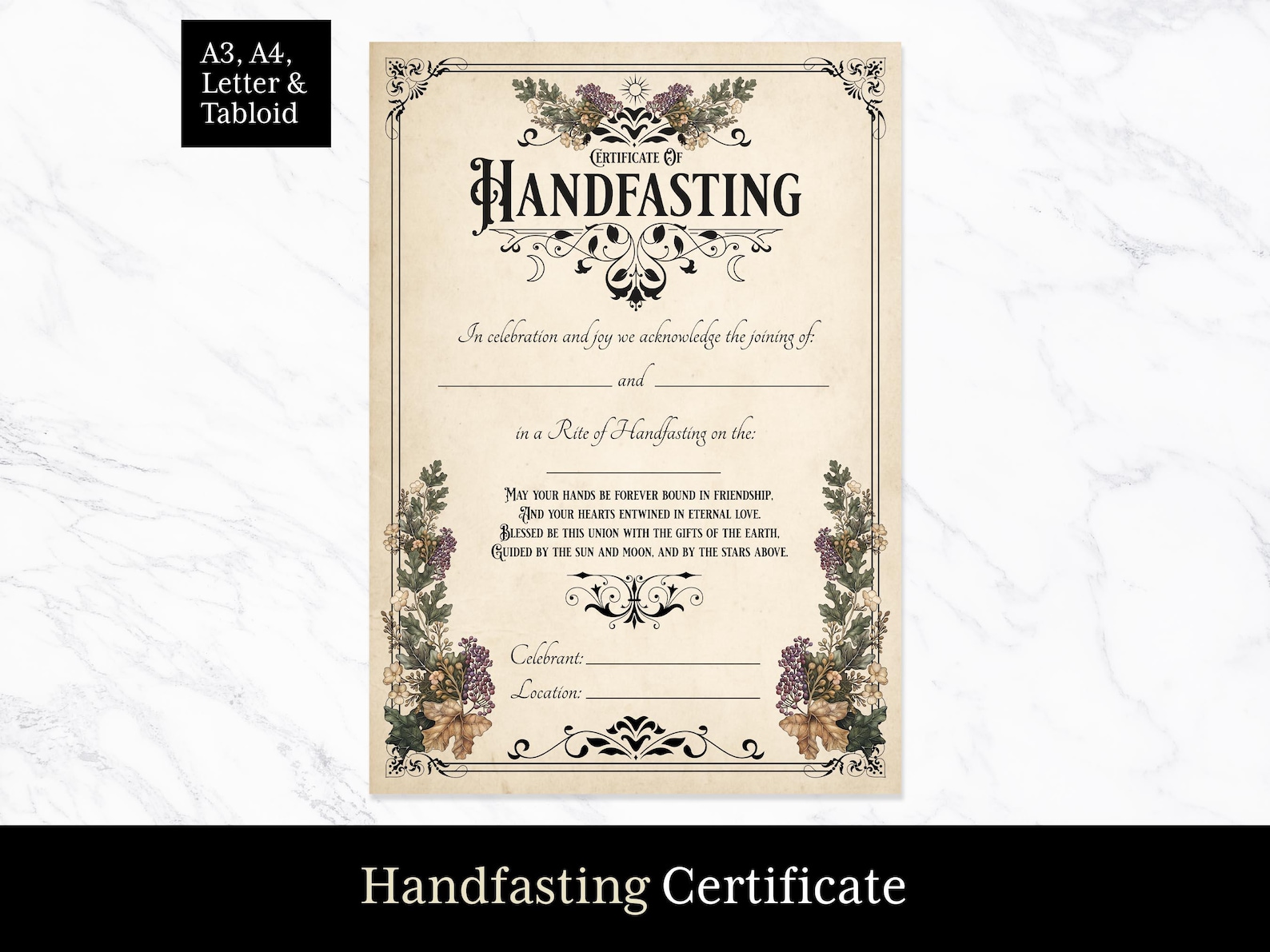 Handfasting Certificate, Pagan Wedding Certificate Printable. Wiccan Handfasting Rite Template ...