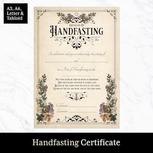 Certificado de matrimonio pagano, certificado de matrimonio pagano imprimible, plantilla de rito de matrimonio pagano wiccan, regalo de bruja en tamaños A3, A4, carta estadounidense y tabloide