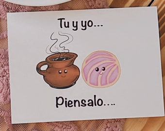 Tu Y Yo Piensalo Pan Dulce Concha Cafe Niedliche Karte Tarjeta Mexikanische Grußkarte Valentinstag Karte Spanisch Dia de San Valentin Tarjeta