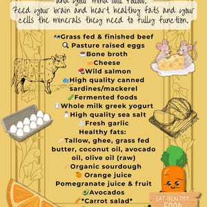 Puede incluir: Infografía de color amarillo dorado con texto escrito a mano que promueve la alimentación saludable. Presenta ilustraciones de una vaca, huevos, queso, salmón y una zanahoria de dibujos animados con un letrero que dice "Eat Healthy Food".