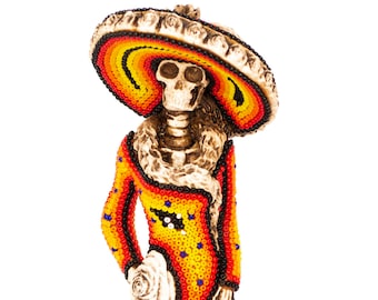 Wixaritari (Huichol) Folk Art Sugar Skull - Orange Rose Catrina Day of Dead