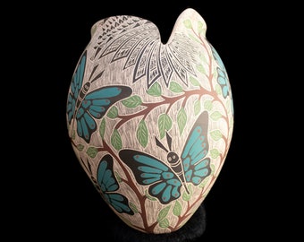 Mata Ortiz Handmade Pot with Sgraffito Carving of Butterflies Among Leafy Branches