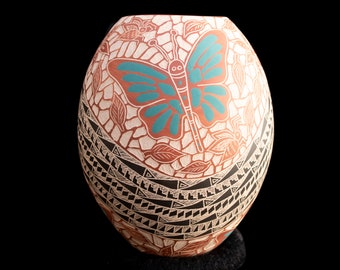 Mata Ortiz Handcrafted Pot with Sgraffito River of Fish, Butterflies, and Insects
