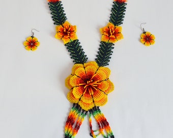 Art populaire mexicain indigène Fleur Huichol sans collier avec boucles d’oreilles et cou ou bande de poignet