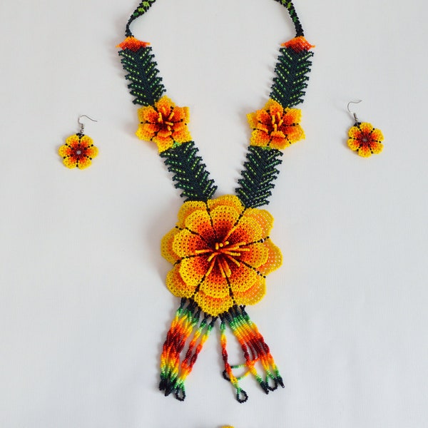 Indiginous Mexican Folk Art Huichol flower neckless with earings and neck or wrisk band