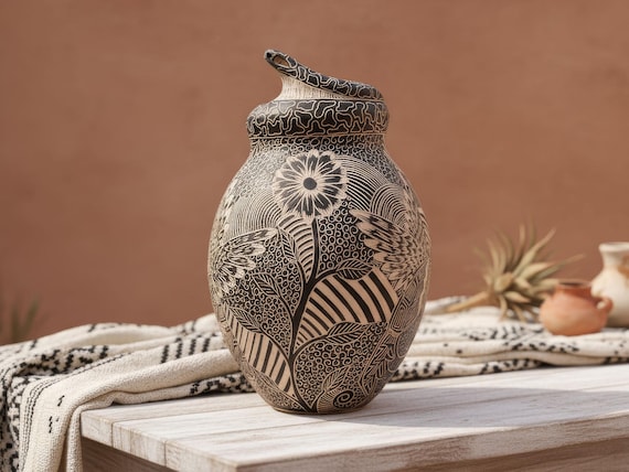Hand-carved Mata Ortiz Pottery: Snake on the Hunt & Hummingbird