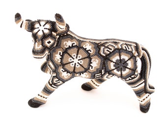 Mexican Folk Art Huichol Sculpture The Grey Bull, bead art.