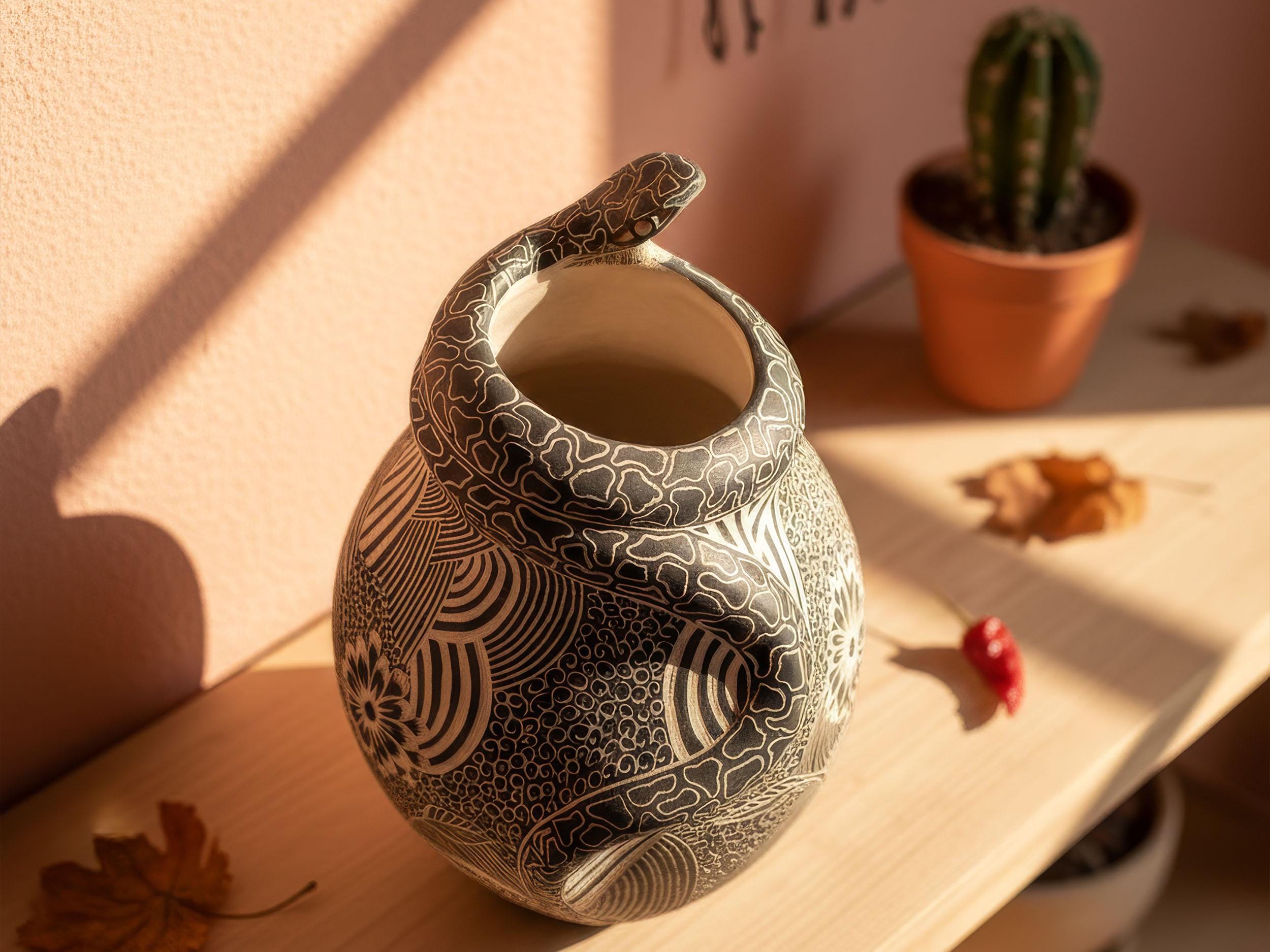 Hand-carved Mata Ortiz Pottery: Snake on the Hunt & Hummingbird