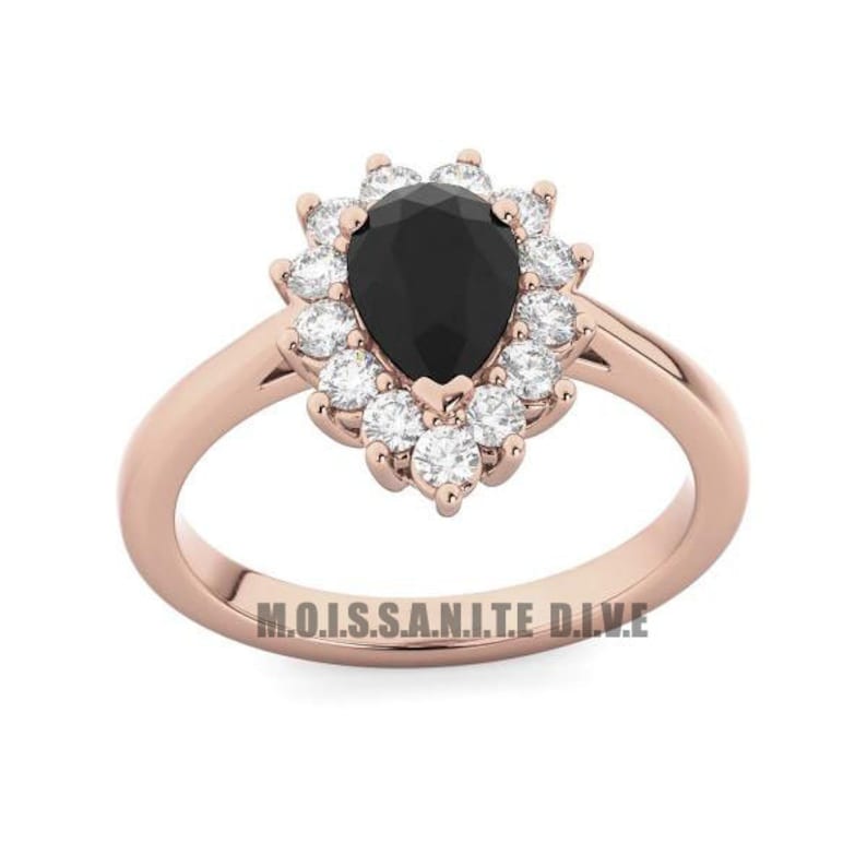Wedding Ring Halo Engagement Ring Unique Collection Rose Gold Ring 1.12 TW Pear Black Moissanite Ring Black Diamond Engagement Ring