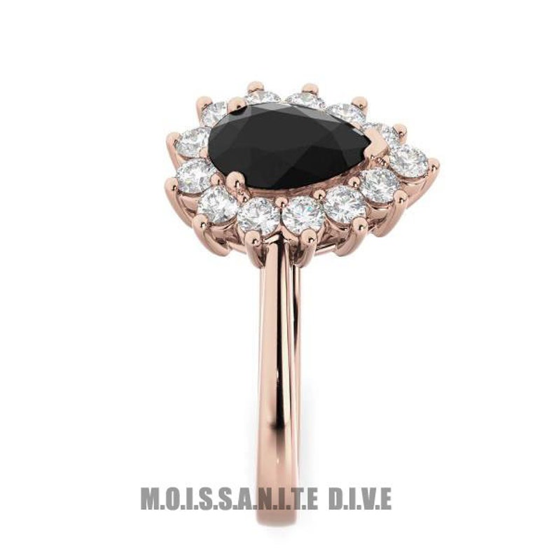 Wedding Ring Halo Engagement Ring Unique Collection Rose Gold Ring 1.12 TW Pear Black Moissanite Ring Black Diamond Engagement Ring