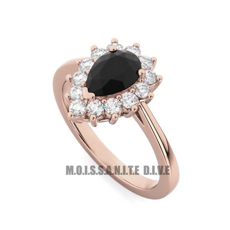 Wedding Ring Halo Engagement Ring Unique Collection Rose Gold Ring 1.12 TW Pear Black Moissanite Ring Black Diamond Engagement Ring