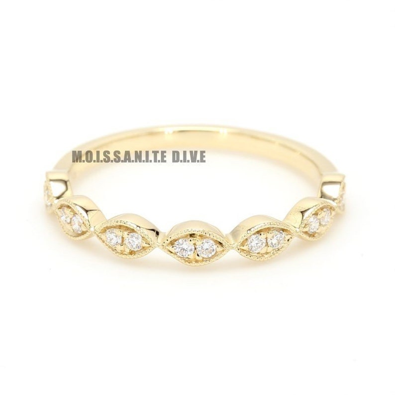Half Eternity Band Solid Gold Band 0.12 TW Round Colorless Moissanite Band Victorian Style Vintage Gold Band Bridal Band Wedding