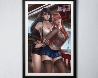 Tifa Lockhart & Monika | Final Fantasy 7 x Doki Doki Literature Club (DDLC) | 11x17 Art Poster / Print