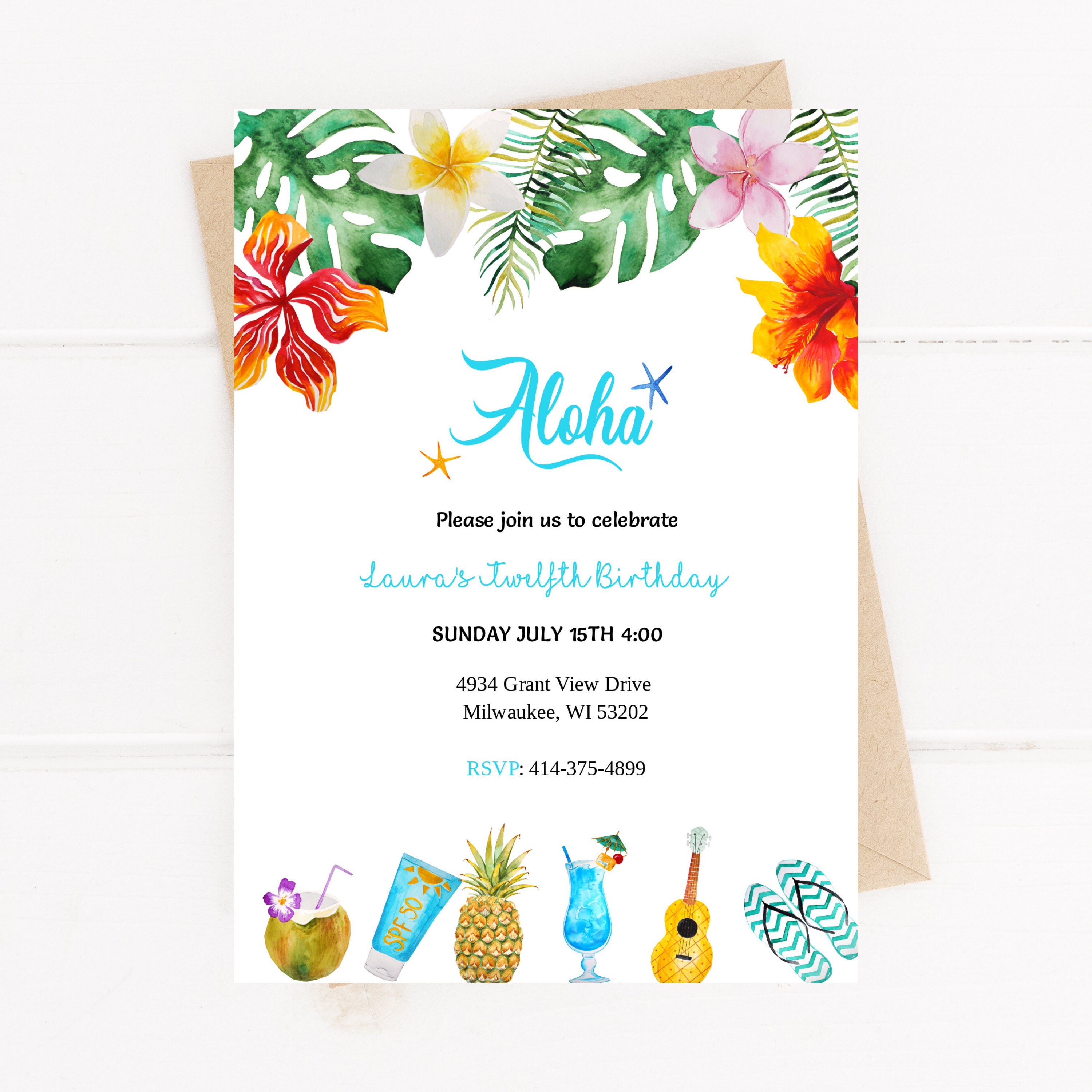 Hawaii Theme Birthday Invitation Instant download Etsy