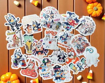 May include: A collection of Halloween-themed stickers featuring cartoon characters in costumes, pumpkins, and candy corn on a wooden surface. The stickers have phrases like "Trick or Treat" and "Happy Halloween".