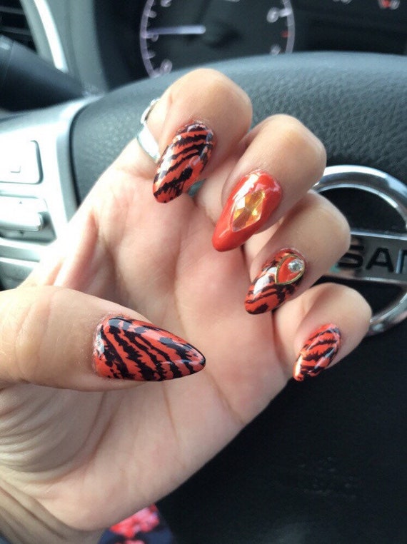 Tiger Acrylic Nail Set Gel Nail Polish Glossy Stiletto Etsy