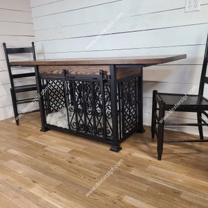 Large Dog Crate Furniture | Bella Design | Sliding Barn Door | Oak Top | Steel Scroll Pickets