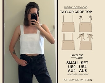 Taylor Crop Top beginner sewing pattern, Small Set: Sizes US0-4, printable PDF download