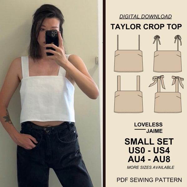 Taylor Crop Top beginner sewing pattern, Small Set: Sizes US0-4, printable PDF download