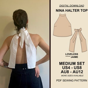 Nina Halter Summer Top Sewing Pattern, Medium Set: Sizes US4-US8, tank top pdf, open back blouse, tie-up neckline, instant digital download