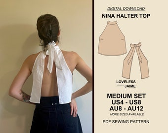 Nina Halter Summer Top Sewing Pattern, Medium Set: Sizes US4-US8, tank top pdf, open back blouse, tie-up neckline, instant digital download