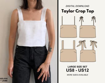 Taylor Crop Top easy sewing pattern, Large Set: Sizes US8-12, digital downloadable PDF