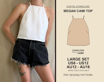 Megan Halter Top Sewing Pattern, Large Set: Sizes US8-US12, cropped womens tank top, sleeveless simple style, digital download PDF