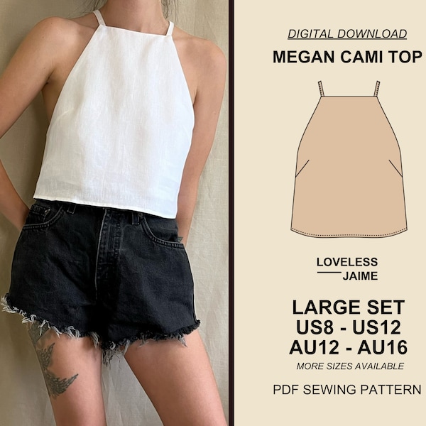 Megan Halter Top Sewing Pattern, Large Set: Sizes US8-US12, cropped womens tank top, sleeveless simple style, digital download PDF