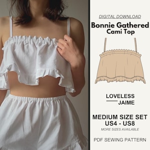 May include: White cami top and shorts set with ruffle detailing. The top has thin straps and a gathered design. The image also includes a digital download graphic that says "Bonnie Gathered Cami Top" and "Medium Size Set US4 - US8".