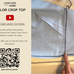 May include: A close-up of a light blue fabric with red and black stitching detail. The fabric is folded in half and the stitching is visible on the edge. The text "LOVELESS JAIME TAYLOR CROP TOP" is visible at the top of the image. The text "YOUTUBE VIDEO TUTORIAL" is visible below the title. The text "Along with written instructions, a sew-along for the Taylor Crop Top is available to watch via video." is visible below the title. The text "Scan the QR code or visit the link in the description." is visible below the title. The text "@loveless-jaime" is visible at the bottom of the image.