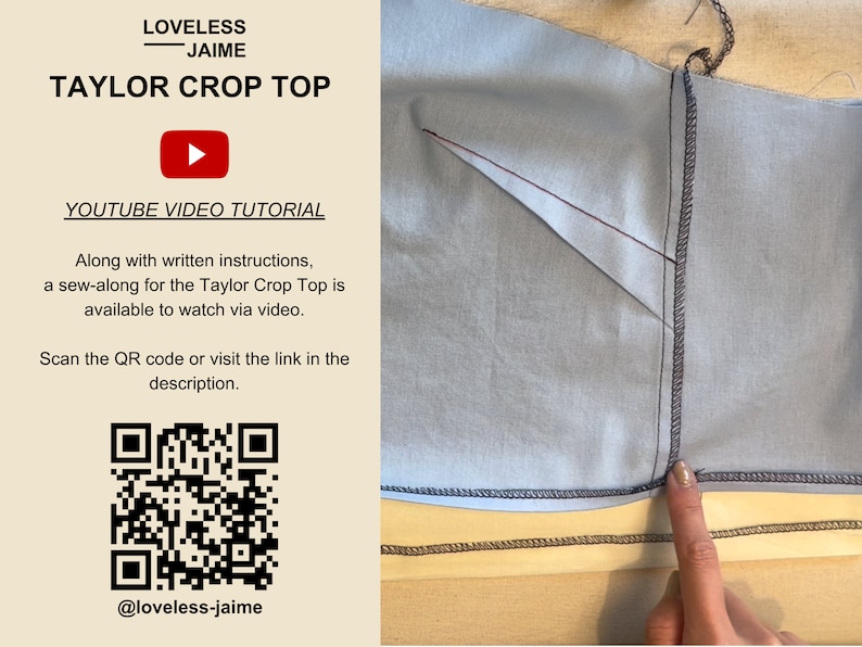 May include: A close-up of a light blue fabric with red and black stitching detail. The fabric is folded in half and the stitching is visible on the edge. The text "LOVELESS JAIME TAYLOR CROP TOP" is visible at the top of the image. The text "YOUTUBE VIDEO TUTORIAL" is visible below the title. The text "Along with written instructions, a sew-along for the Taylor Crop Top is available to watch via video." is visible below the title. The text "Scan the QR code or visit the link in the description." is visible below the title. The text "@loveless-jaime" is visible at the bottom of the image.