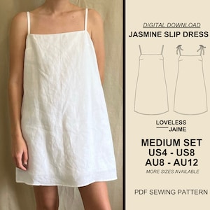 Jasmine Slip Dress Sewing Pattern, Medium Set: Sizes US4-US8, square neckline womens dress, minimalist modern style, instant PDF download