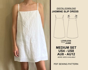 Jasmine Slip Dress Sewing Pattern, Medium Set: Sizes US4-US8, square neckline womens dress, minimalist modern style, instant PDF download