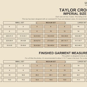 May include: A size chart for a Taylor crop top in UK and US sizes. The chart shows measurements for bust, waist, and hip in inches. The chart also includes measurements for the finished garment in inches.