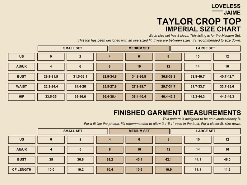 May include: A size chart for a Taylor crop top in UK and US sizes. The chart shows measurements for bust, waist, and hip in inches. The chart also includes measurements for the finished garment in inches.
