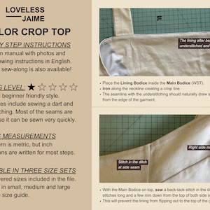 May include: A sewing pattern for a Taylor Crop Top with step-by-step instructions, photos, and written instructions in English. The pattern is available in three sizes: small, medium, and large. The sewing level is rated as easy and beginner friendly. The pattern is metric, but inch conversions are written for most steps.