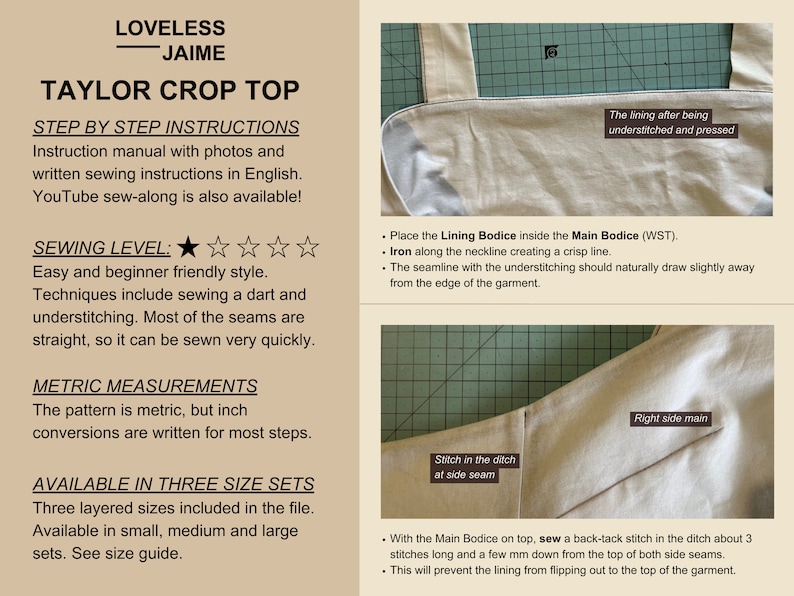 May include: A sewing pattern for a Taylor Crop Top with step-by-step instructions, photos, and written instructions in English. The pattern is available in three sizes: small, medium, and large. The sewing level is rated as easy and beginner friendly. The pattern is metric, but inch conversions are written for most steps.