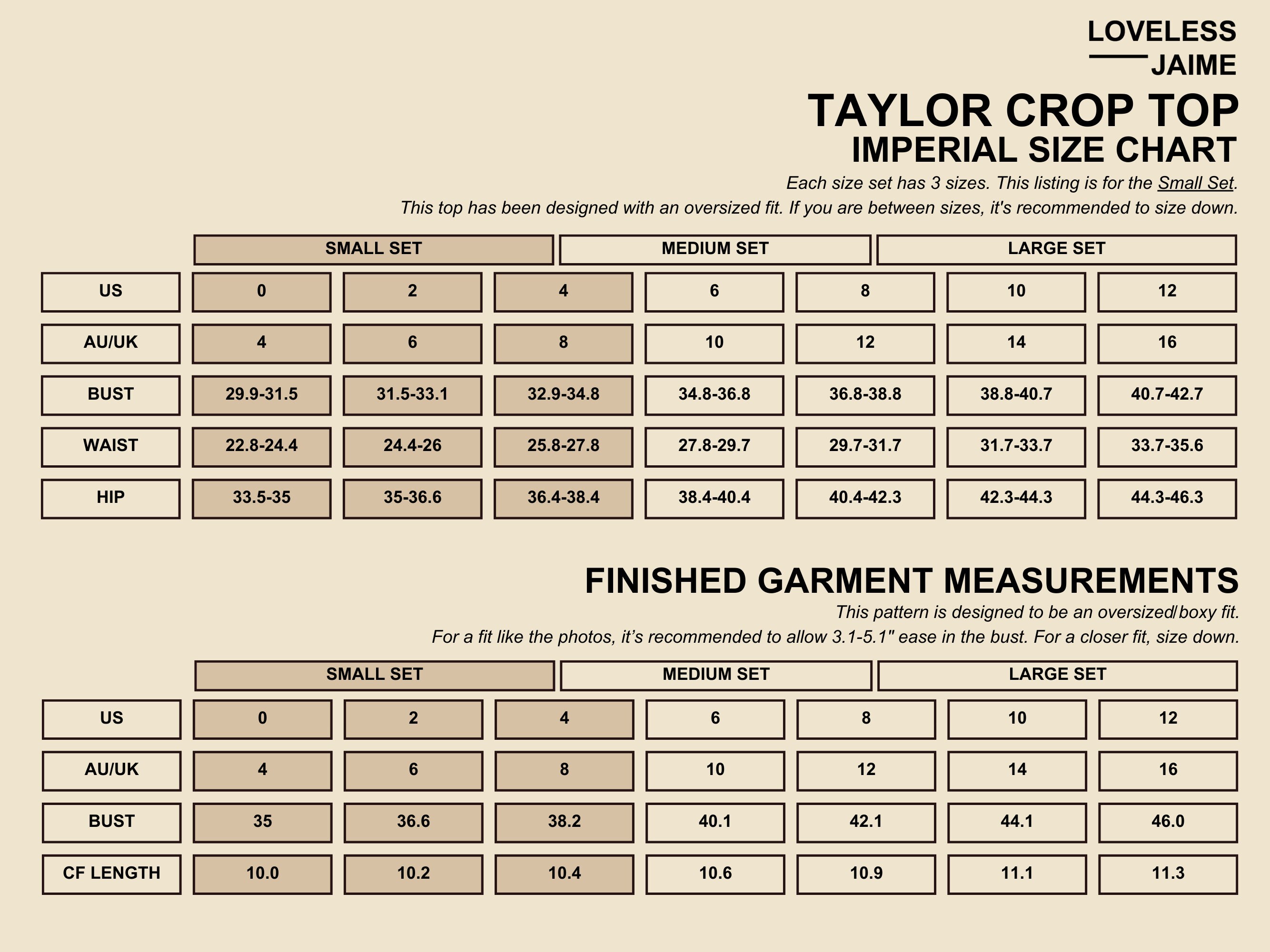 Taylor Crop Top Beginner Sewing Pattern, Small Set: Sizes