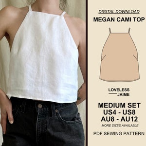 Patrón de camiseta sin mangas con cuello alto Megan, conjunto mediano: tallas US4-US8, patrón de costura de lino, estilo halter sin mangas recortado, descarga digital PDF