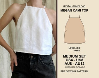 Megan High Neck Tank Top Pattern, Medium Set: Sizes US4-US8, linen sewing pattern, cropped sleeveless halter style, digital download PDF