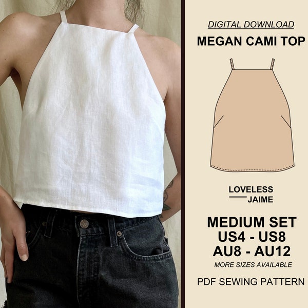 Megan High Neck Tank Top Pattern, Medium Set: Sizes US4-US8, linen sewing pattern, cropped sleeveless halter style, digital download PDF