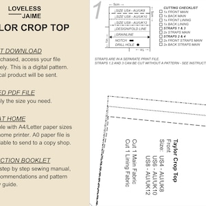 May include: A black and white sewing pattern for a Taylor Crop Top. The pattern includes instructions for cutting and sewing the top in sizes US4-AU/UK8, US6-AU/UK10, and US8-AU/UK12. The pattern is available as a layered PDF file, printable at home on A4 or Letter size paper.