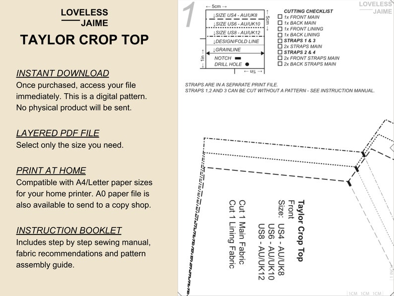 May include: A black and white sewing pattern for a Taylor Crop Top. The pattern includes instructions for cutting and sewing the top in sizes US4-AU/UK8, US6-AU/UK10, and US8-AU/UK12. The pattern is available as a layered PDF file, printable at home on A4 or Letter size paper.