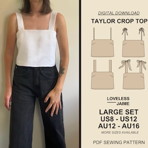 Taylor Crop Top easy sewing pattern, Large Set: Sizes US8-12, digital downloadable PDF