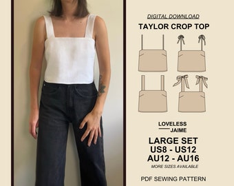 Patron de couture facile Taylor Crop Top, grand jeu : tailles US8-12, PDF numérique téléchargeable