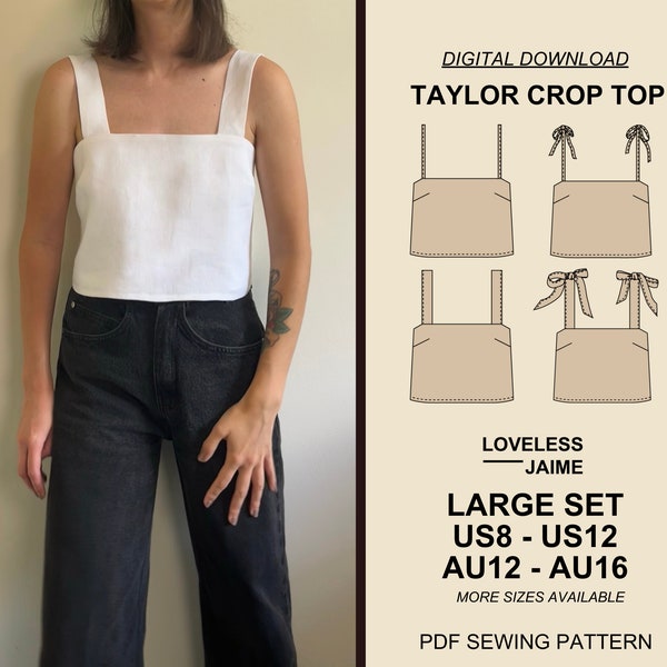 Taylor Crop Top eenvoudig naaipatroon, grote set: maten US8-12, digitale downloadbare PDF