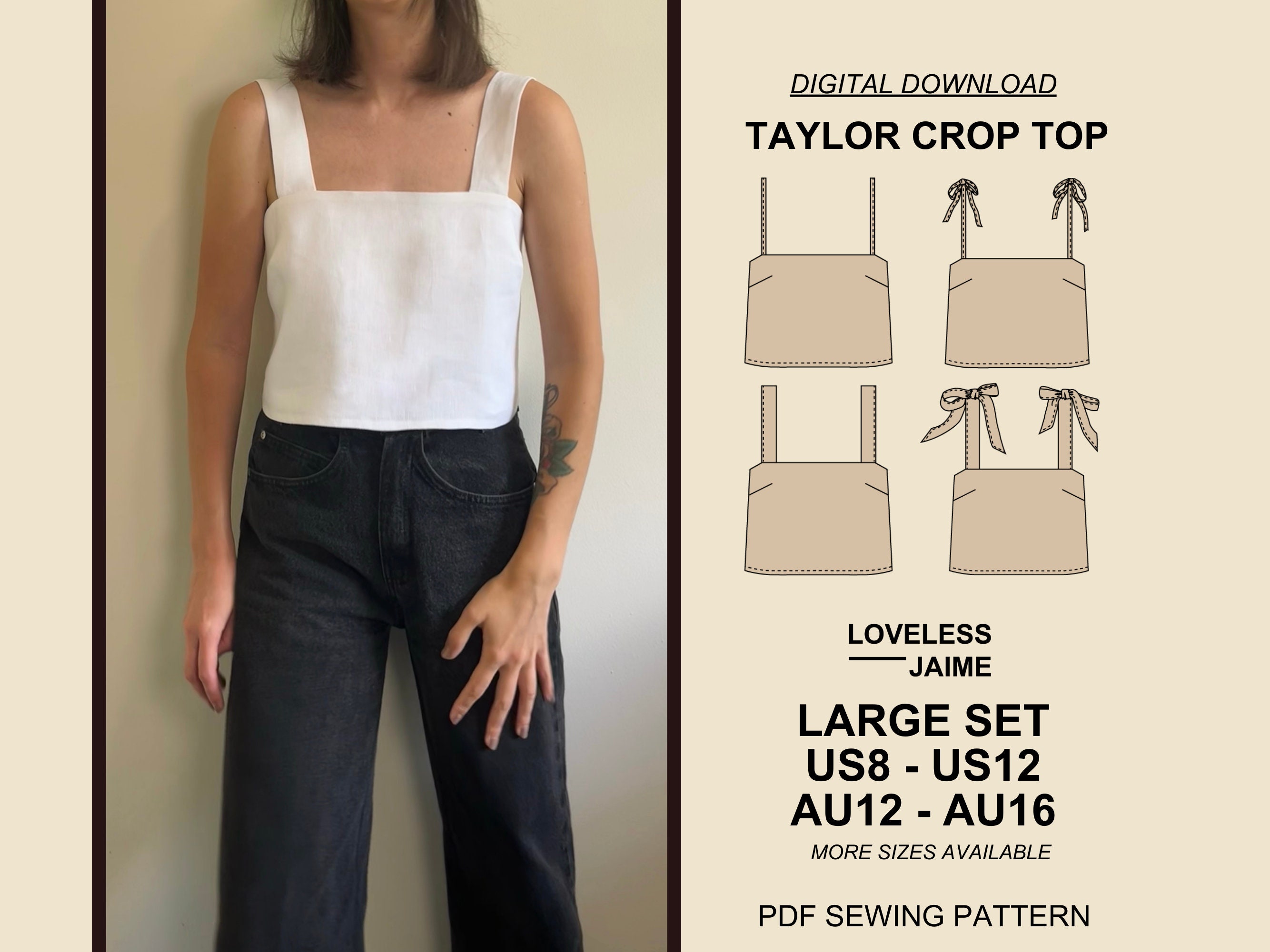 Taylor Crop Top Easy Sewing Pattern, Large Set: Sizes US8-12