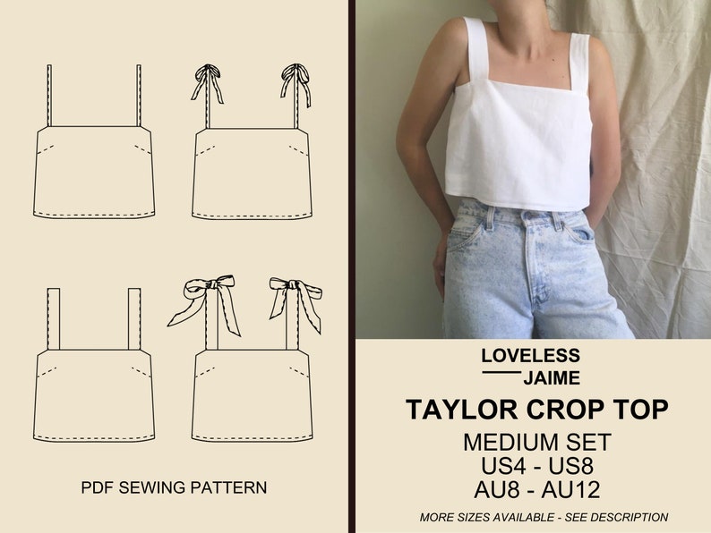 Taylor tank top sewing pattern. A woman modelling a white linen cropped top with thick rectangular straps, square neck, and length to the waist. The top is lined and has bust darts. It has four strap variations.