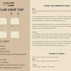 May include: A sewing pattern for a Taylor Crop Top with instructions for fabric recommendations, materials needed, and an example fabric. The pattern includes illustrations of the top.